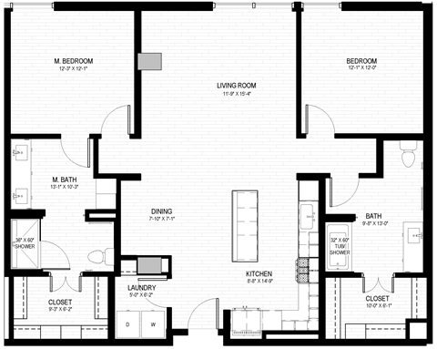 Floor plan for 2 beds, 2 baths, 1364 sqft